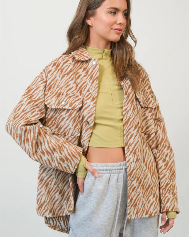 HYFVE Zebra Print Snap Down Long Sleeve Shacket