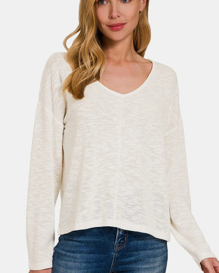 Zenana V-Neck Dropped Shoulder Long Sleeve T-Shirt Ivory