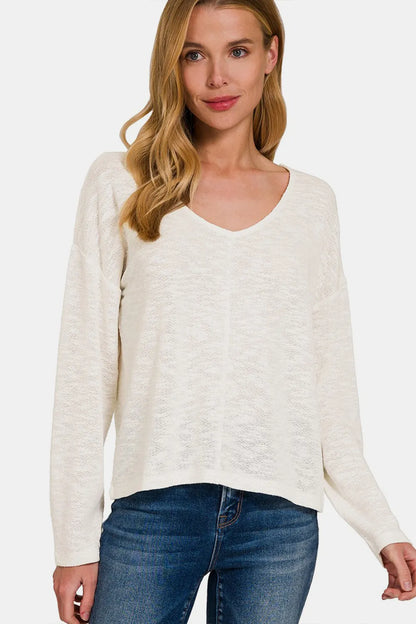 Zenana V-Neck Dropped Shoulder Long Sleeve T-Shirt Ivory
