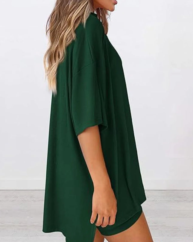 Full Size Oversized Slit Round Neck Top and Shorts Lounge Set Plus Size 