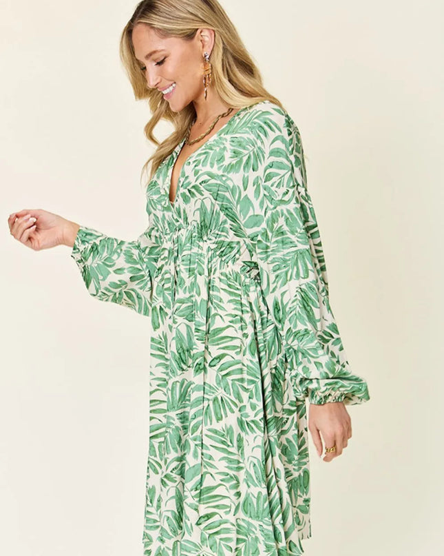 Double Take Full Size Printed Ruched Balloon Sleeve Dress