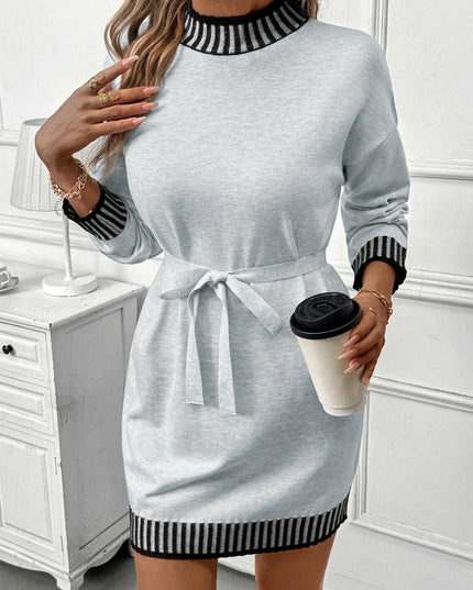 Striped Trim Tie Waist Sweater Dress