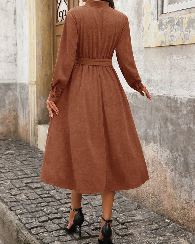 Long Sleeve Button Front Belted Midi Dress
