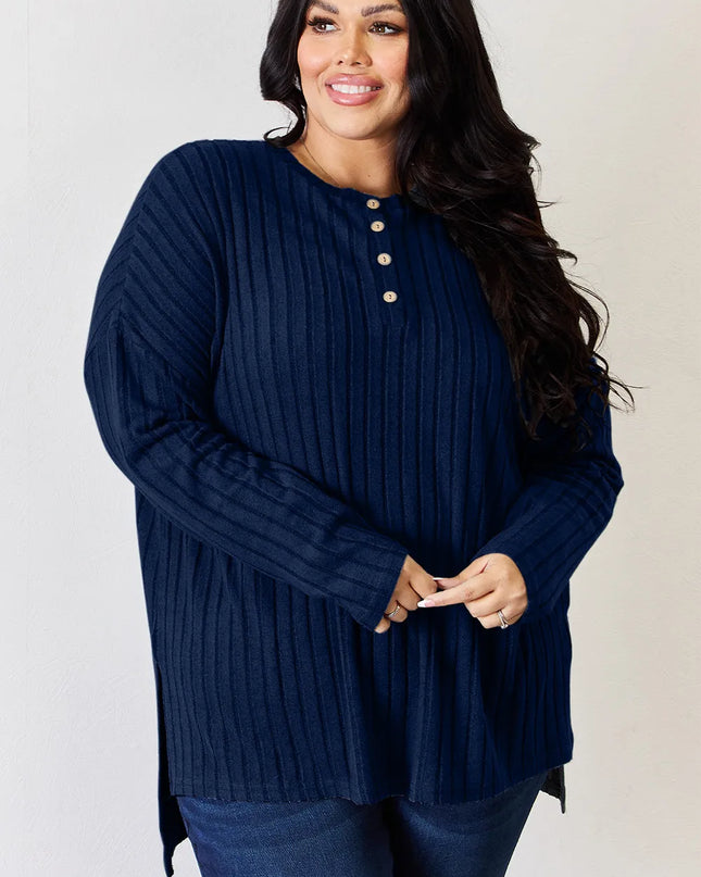 Basic Bae Full Size Ribbed Half Button Long Sleeve High-Low T-Shirt