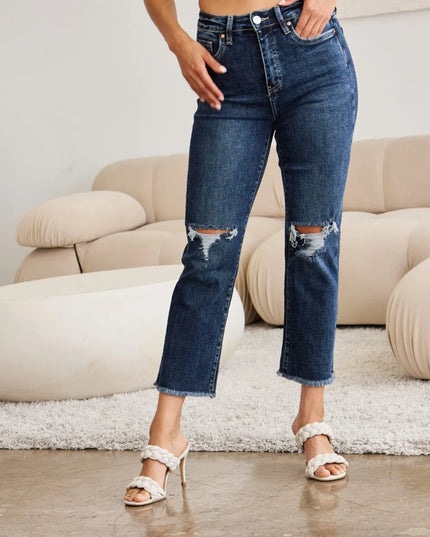 RFM Crop Dylan Full Size Tummy Control Distressed High Waist Raw Hem Jeans