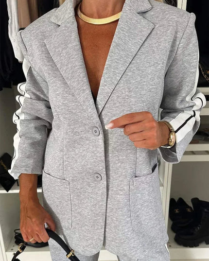 Full Size Contrast Lapel Collar Top and Pants Set