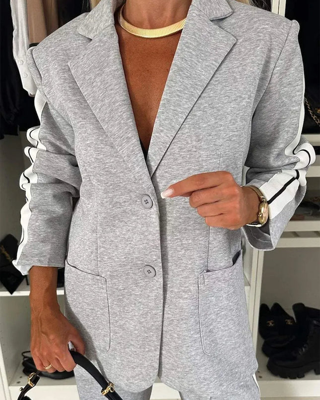 Full Size Contrast Lapel Collar Top and Pants Set