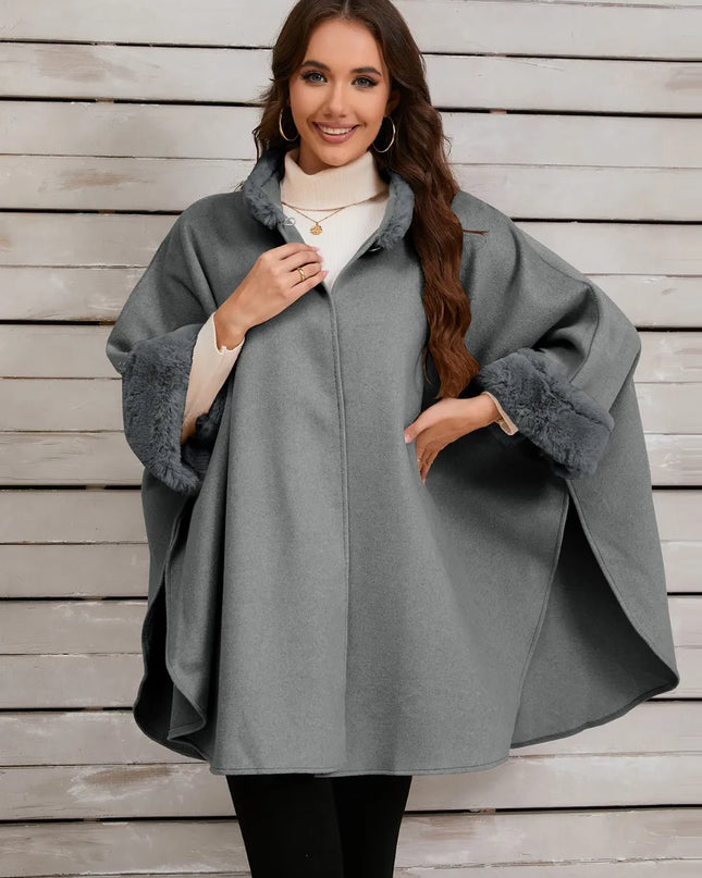 Fuzzy Trim Long Sleeve Poncho