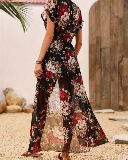 Slit Rose Printed Round Neck Short Sleeve Blouse