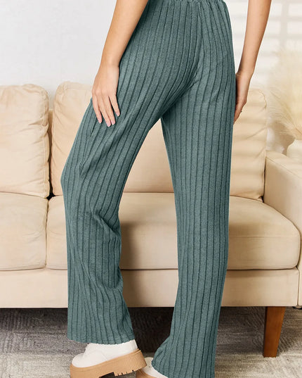 Basic Bae Full Size Ribbed Drawstring Hooded Top and Straight Pants Set