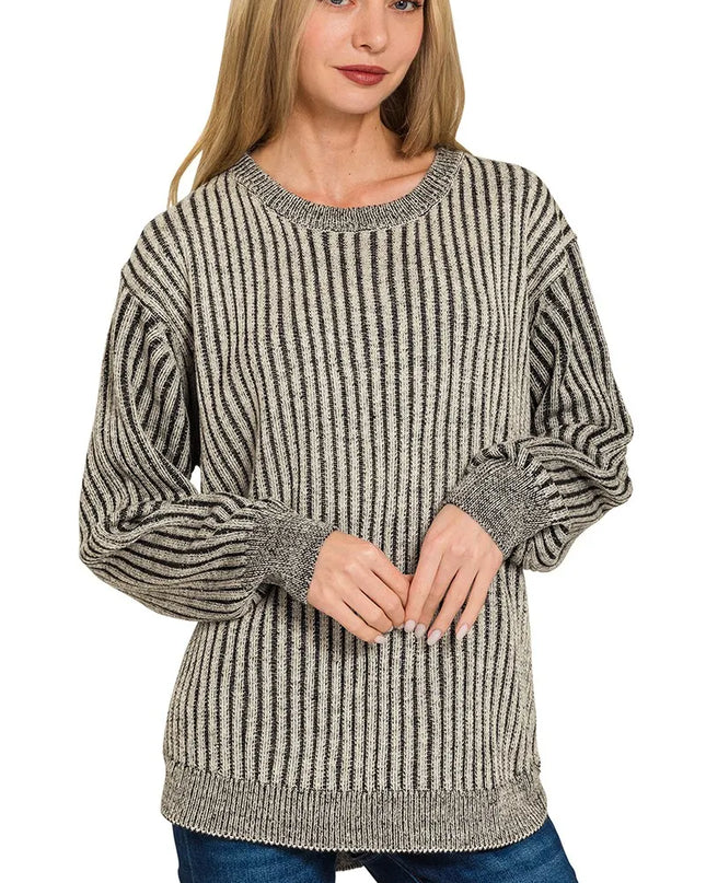 Zenana Curved Hem Two-Tone Ribbed Sweater BLACK