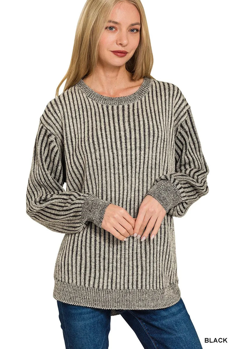 Zenana Curved Hem Two-Tone Ribbed Sweater BLACK