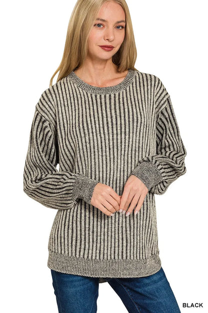Zenana Curved Hem Two-Tone Ribbed Sweater BLACK