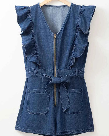 Denim Ruffled Zipped Front Belted Romper