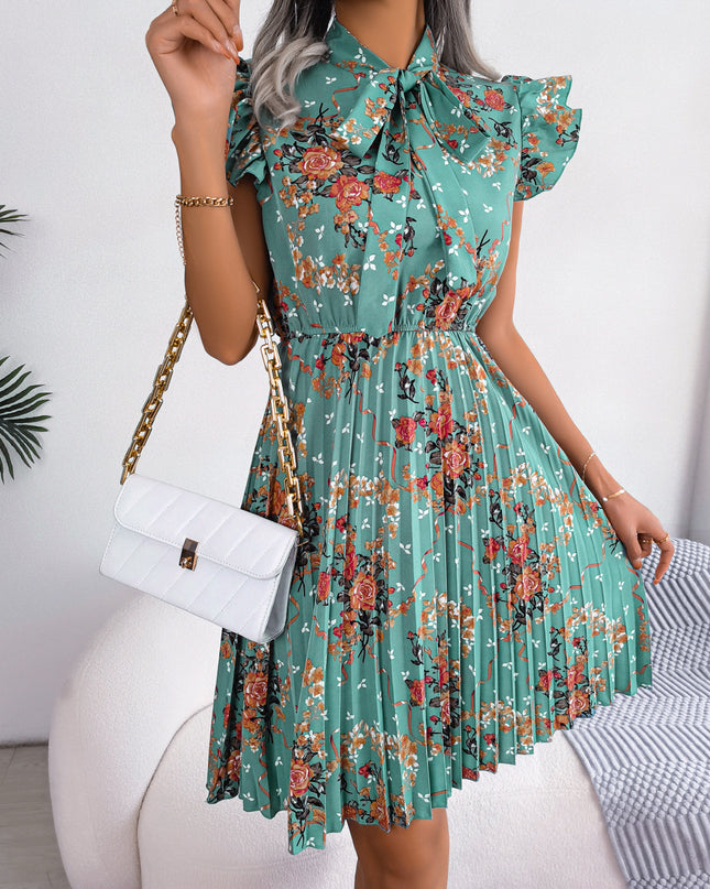 Pleated Floral Printed Tie Neck Knee Length Dress Turquoise
