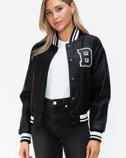 Love Me Now PU Leather Contrast Snap Down Bomber Jacket