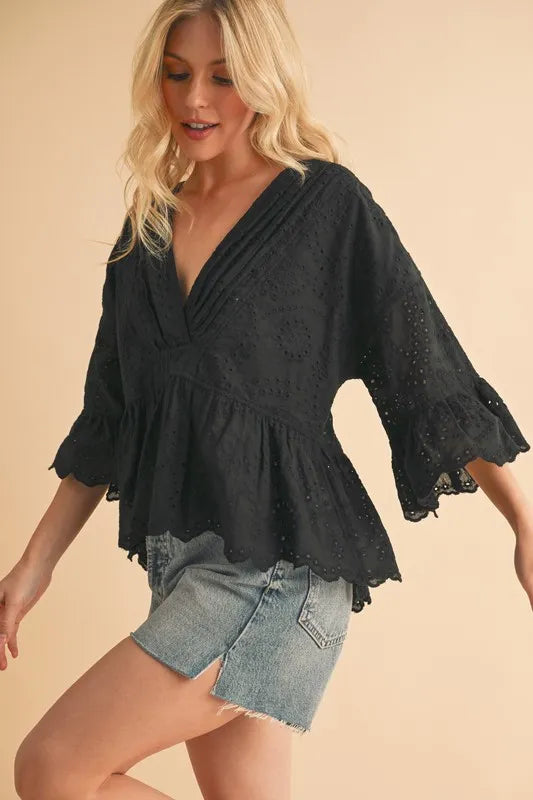 Aemi+Co Flounce Sleeve Eyelet Peplum Top