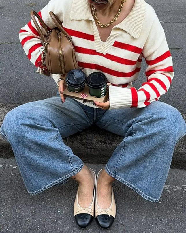 Striped Knit Polo Collar Sweater