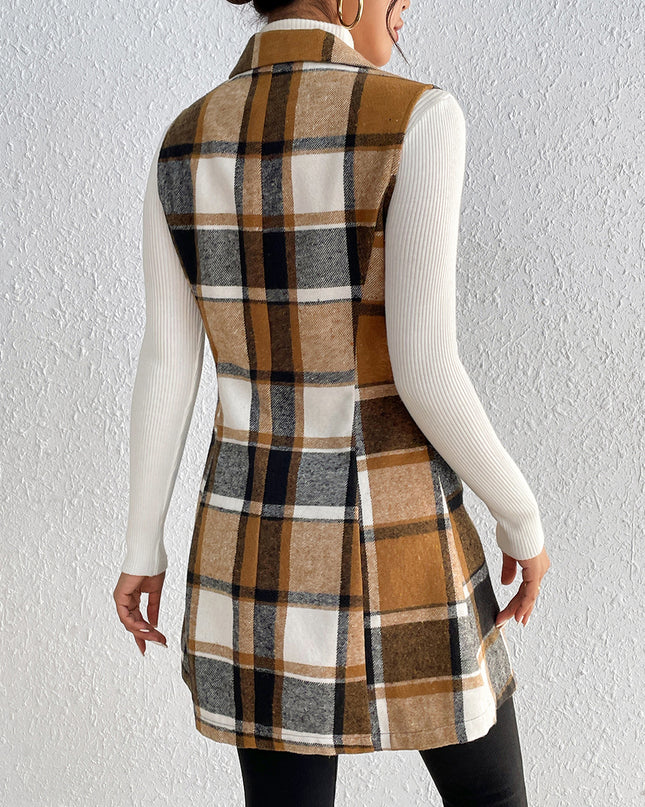 Honey Plaid Lapel Collar Vest
