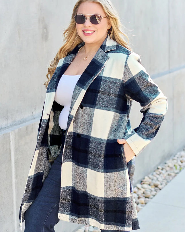 Double Take Full Size Plaid Button Up Lapel Collar Coat