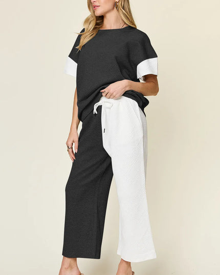 Double Take Full Size Texture Contrast T-Shirt and Wide Leg Pants Set