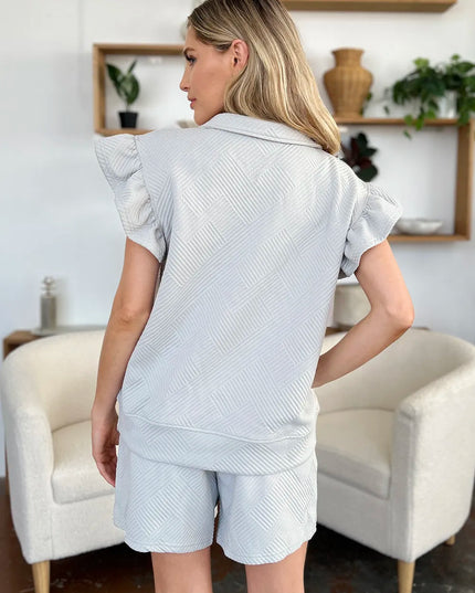 Double Take Full Size Texture Flounce Sleeve Top and Drawstring Shorts Set