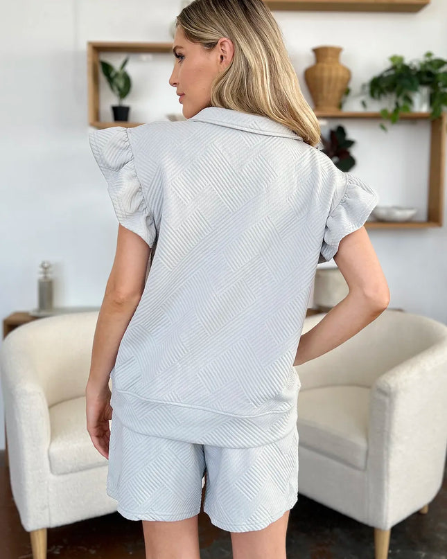 Double Take Full Size Texture Flounce Sleeve Top and Drawstring Shorts Set
