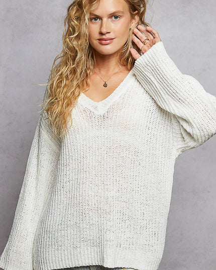 POL Oversized V-Neck Knit Top Ivory