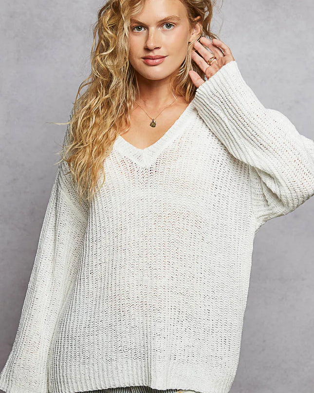 POL Oversized V-Neck Knit Top Ivory