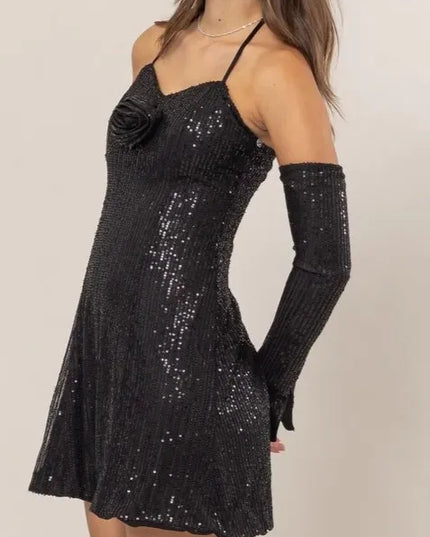 HYFVE Sequin Rosette Halter Mini Dress BLACK