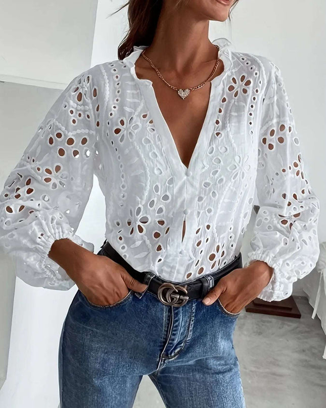 Eyelet Embroidered Button Front Shirt with Puffed Sleeves