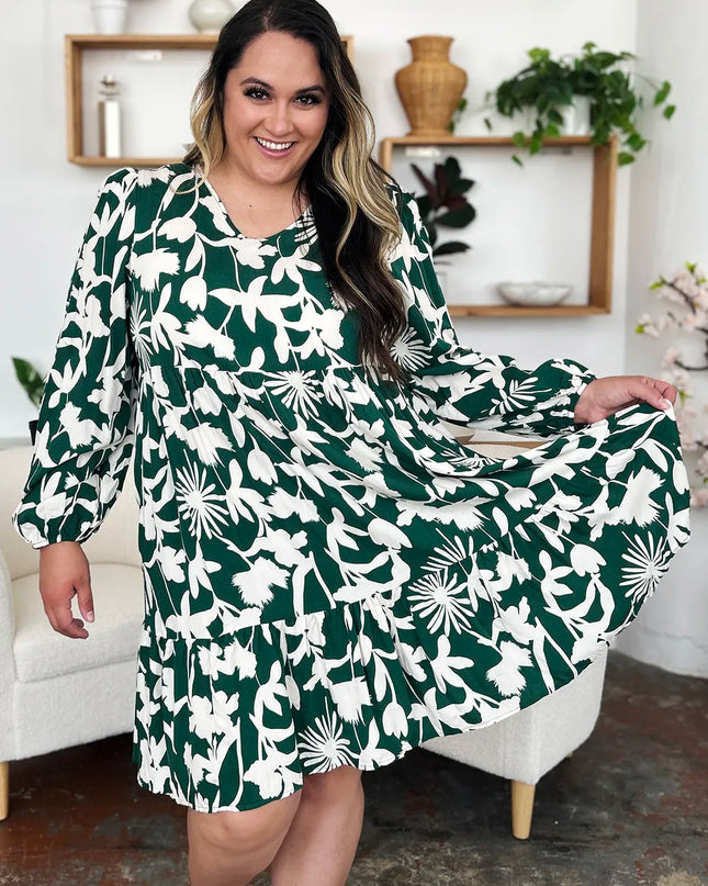Double Take Full Size Printed Ruffle Hem Dress with Pocket