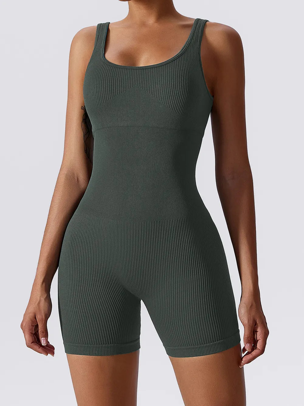 Basic Bae Ribbed Sleeveless Active Romper Dark Gray