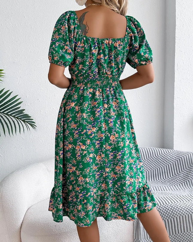 Ruffled Hem Floral Puff Sleeve Dress