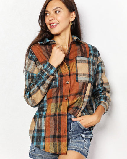 Double Take Plaid Curved Hem Shirt Jacket with Breast Pockets Plaid