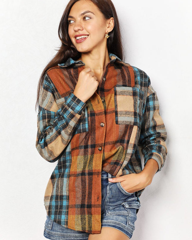 Double Take Plaid Curved Hem Shirt Jacket with Breast Pockets Plaid