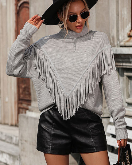 Turtle Neck Tassel Front Long Sleeve Pullover Sweater Light Gray
