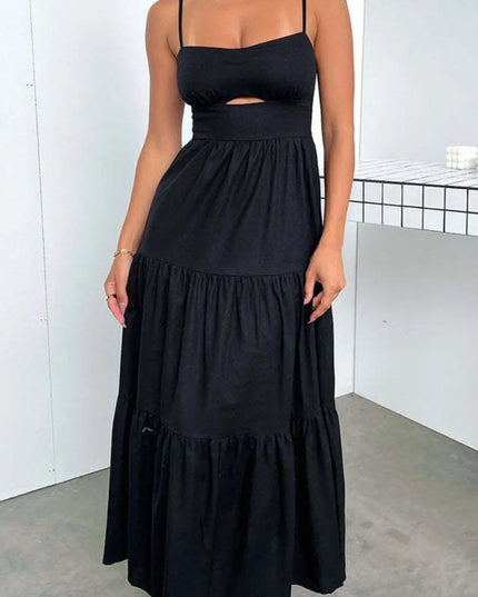 Cut-Out Tiered Dress with Spaghetti Straps Black
