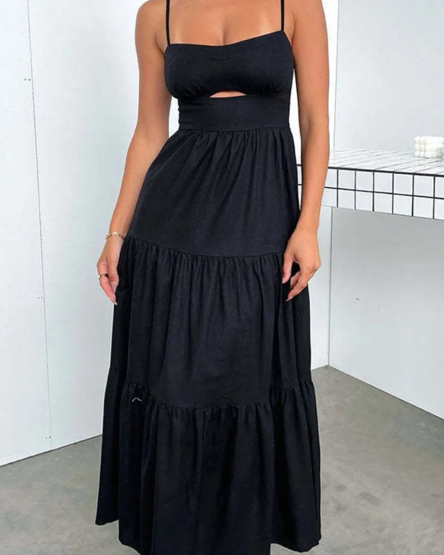 Cut-Out Tiered Dress with Spaghetti Straps Black