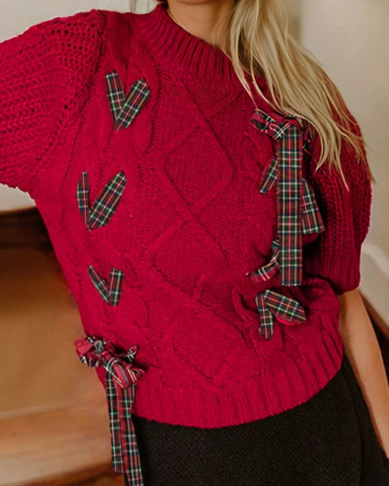 Plaid Lace Up Detail Christmas Holiday Puff Short Sleeve Sweater Deep Red