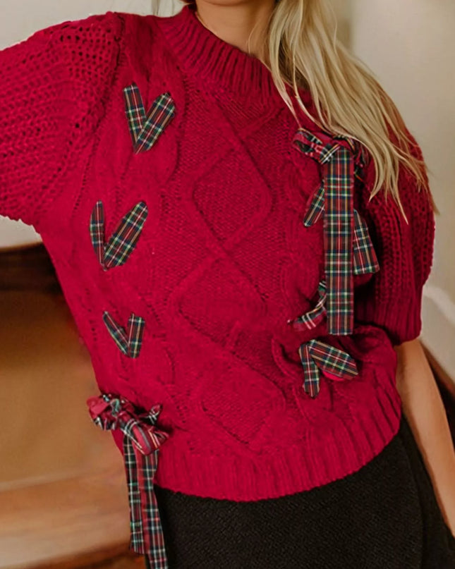 Plaid Lace Up Detail Christmas Holiday Puff Short Sleeve Sweater Deep Red