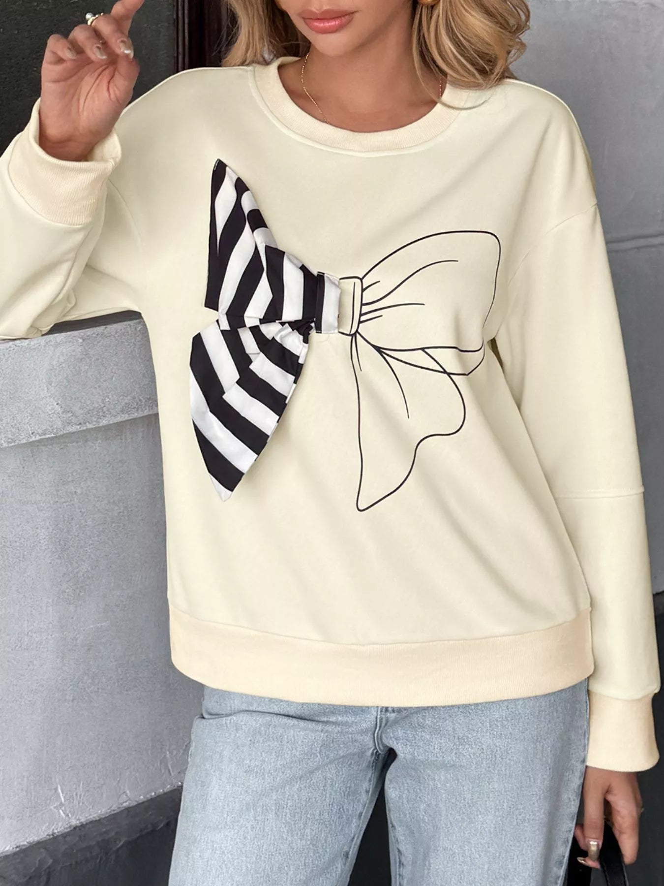 Bow Round Neck Dropped Shoulder Sweatshirt