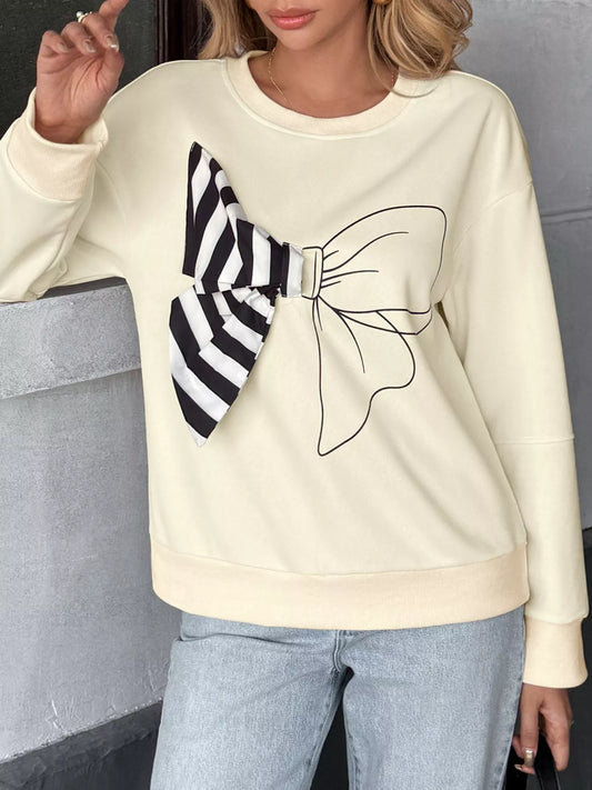 Bow Round Neck Dropped Shoulder Sweatshirt