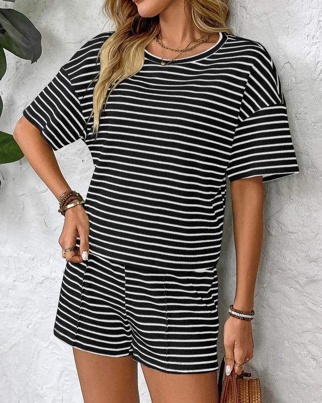 Striped Round Neck Short Sleeve Top and Shorts Set