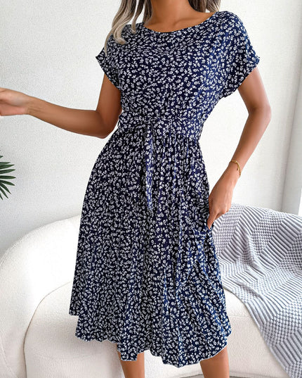 Ditsy Floral Pleated Belted Dress