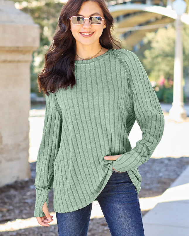 Basic Bae Full Size Ribbed Round Neck Long Sleeve Knit Top Light Green