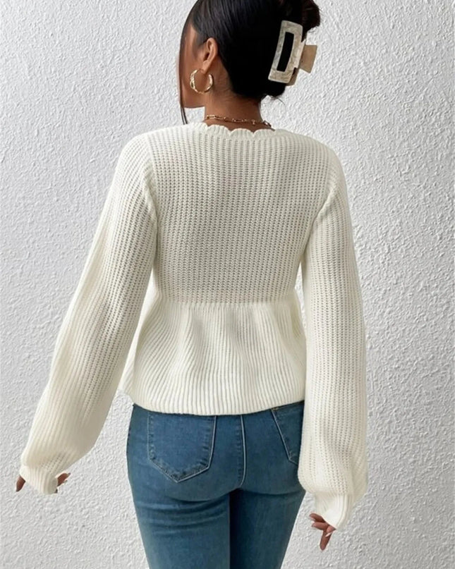 Scalloped V-Neck Drawstring Knit Top