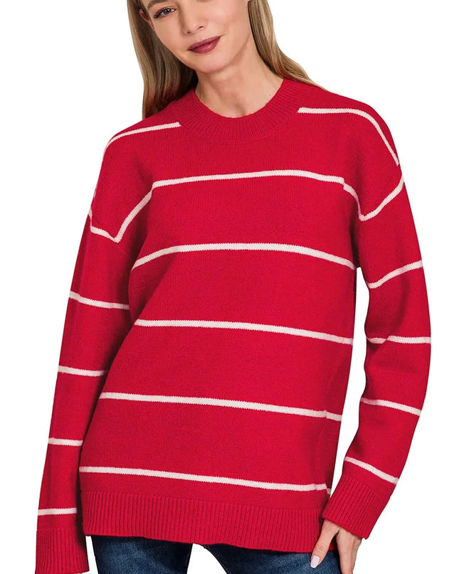 Zenana Round Neck Stripe Sweater RUBY IVORY