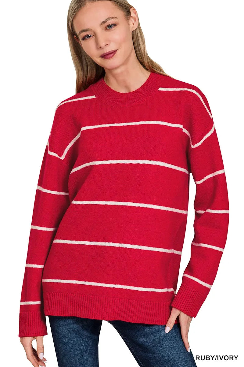 Zenana Round Neck Stripe Sweater RUBY IVORY