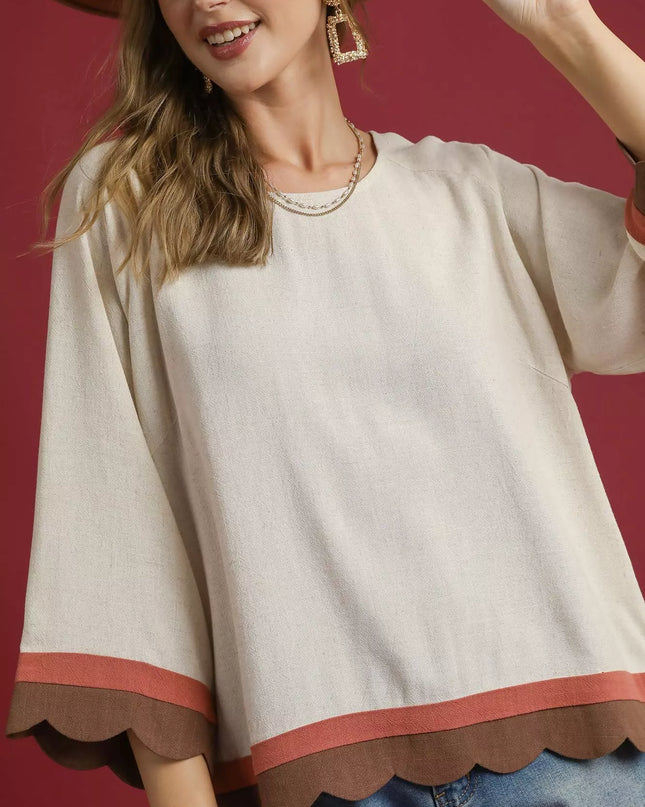Umgee Scalloped Hem Color Block Top